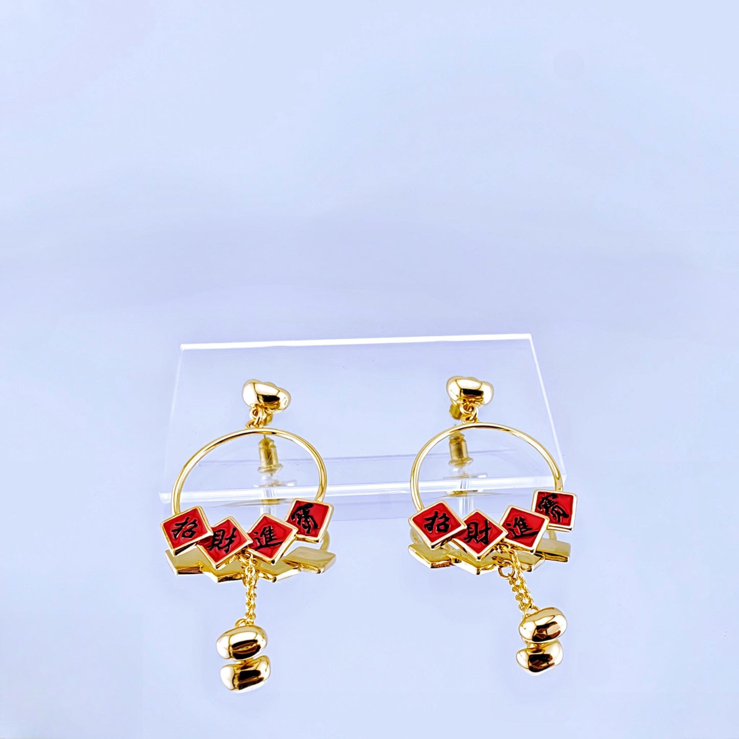 Chinese Calligraphy Hoop Earrings with Lucky Charm Design, Red Enamel and Gold Dangle Earrings, Unique Festive Jewelry