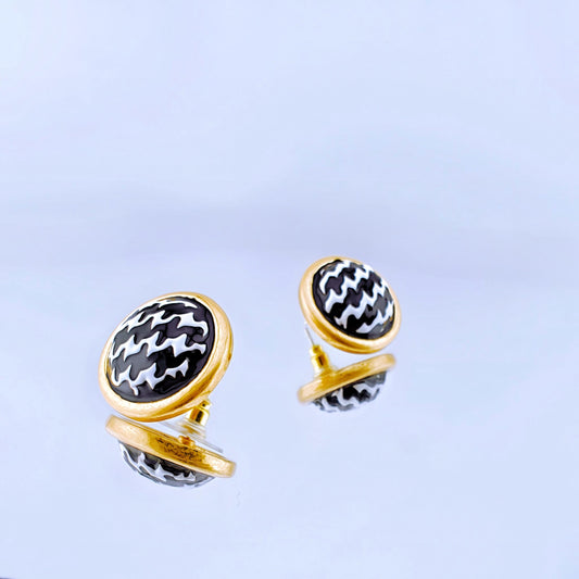 Black and White Enamel Houndstooth Earrings, Gold-Plated Round Stud Earrings, Classic Minimalist Jewelry