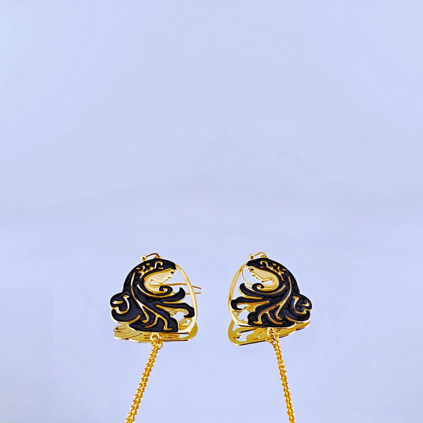 Black and Gold Filigree Drop Earrings, Artistic Statement Earrings with Chain Detail, Elegant Asymmetrical Dangling Earrings