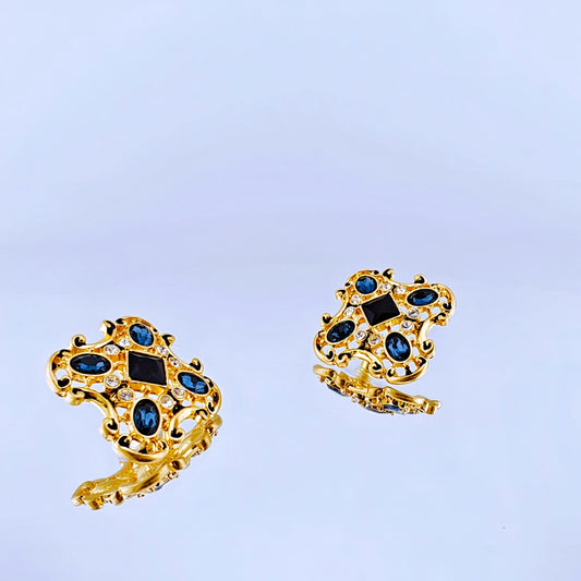 Baroque Blue Gemstone Statement Earrings, Ornate Gold and Crystal Clip-Ons, Luxurious Square Vintage Earrings, Elegant Jewelry Gift