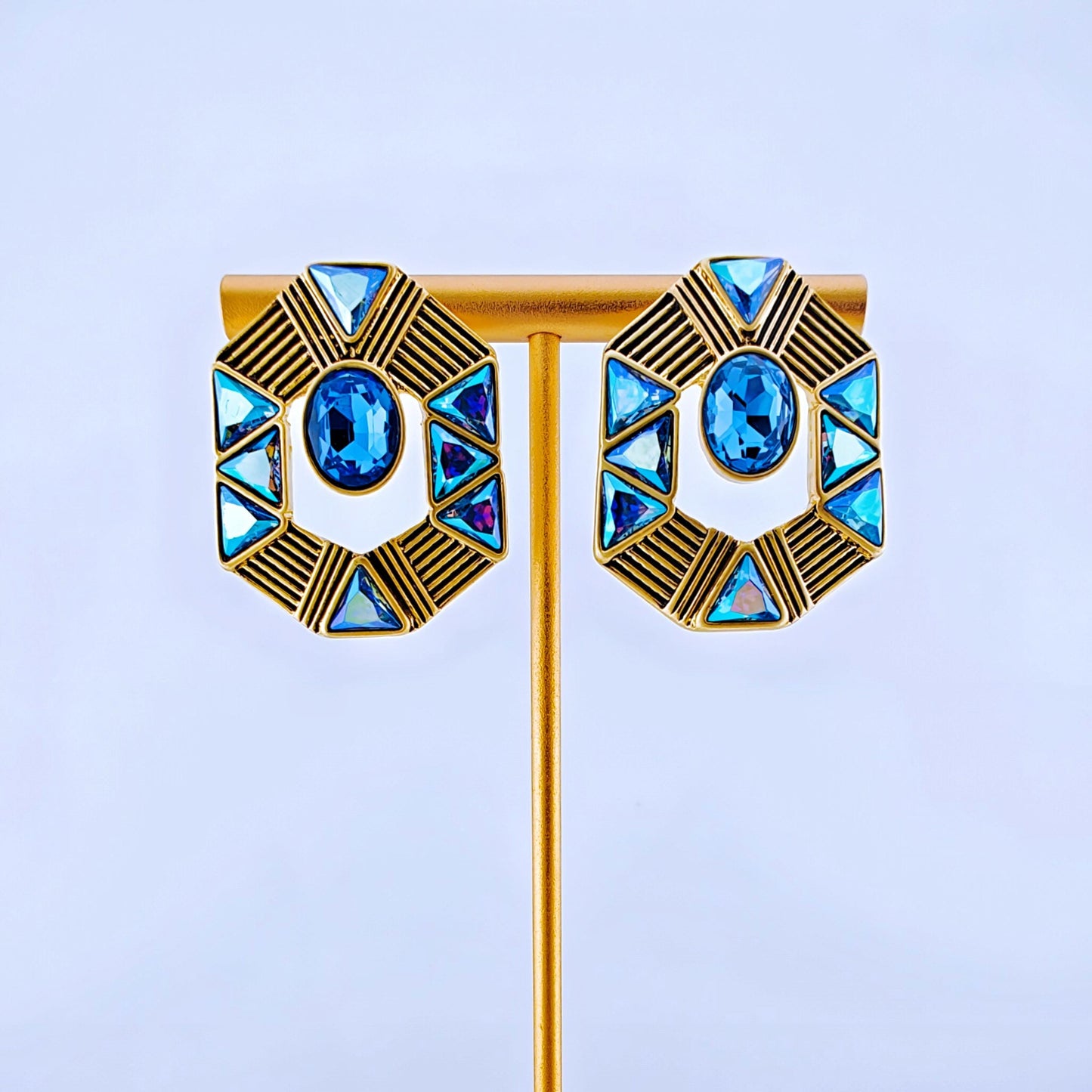 Art Deco Blue Gemstone Earrings, Octagonal Gold Statement Jewelry, Geometric Crystal Earrings, Elegant Vintage Style Post Earrings