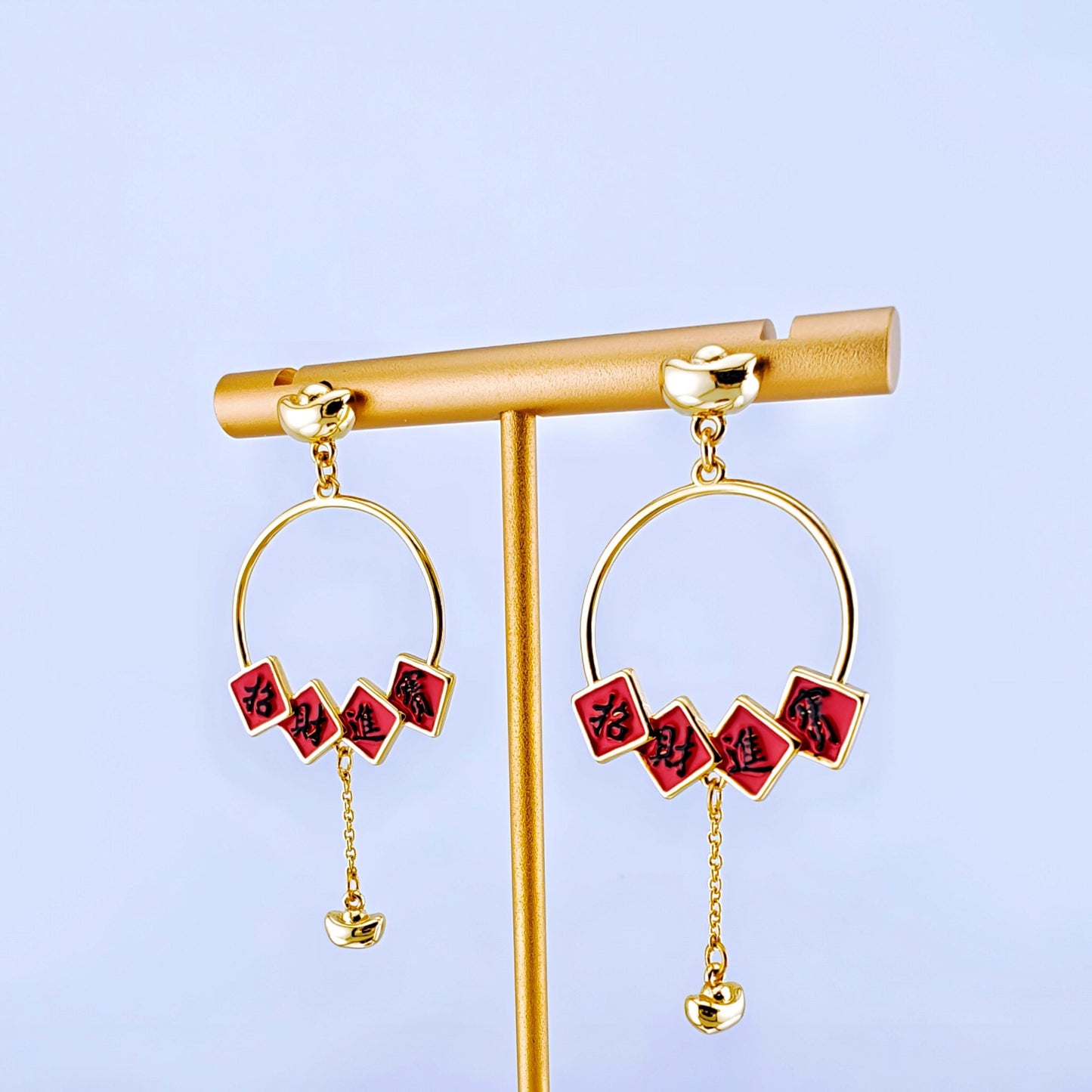 Chinese Calligraphy Hoop Earrings with Lucky Charm Design, Red Enamel and Gold Dangle Earrings, Unique Festive Jewelry