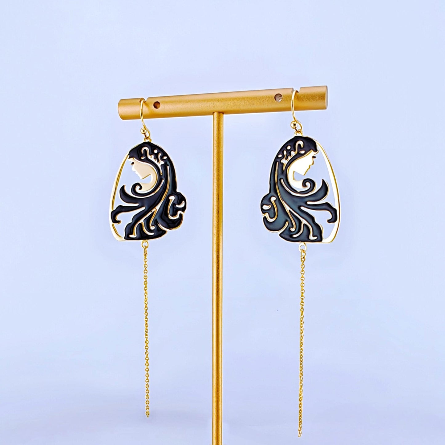 Black and Gold Filigree Drop Earrings, Artistic Statement Earrings with Chain Detail, Elegant Asymmetrical Dangling Earrings