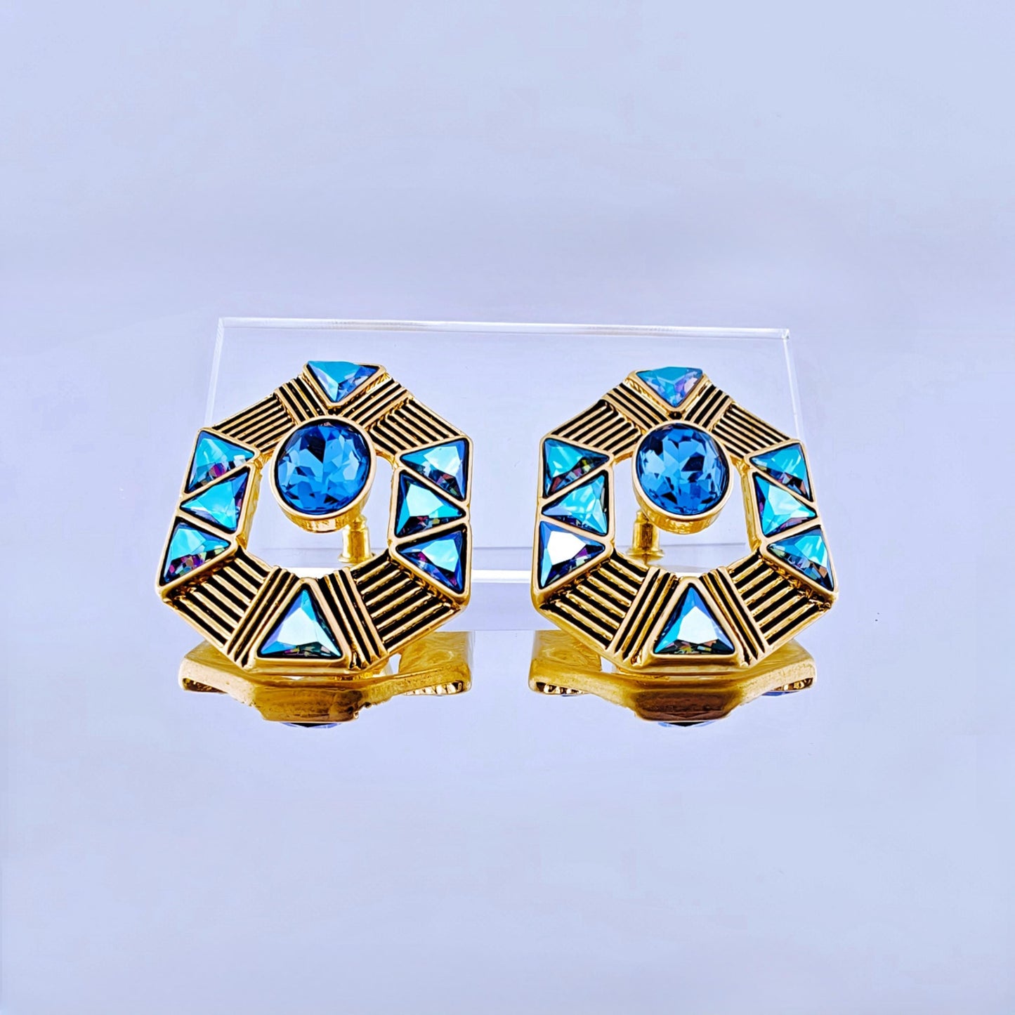 Art Deco Blue Gemstone Earrings, Octagonal Gold Statement Jewelry, Geometric Crystal Earrings, Elegant Vintage Style Post Earrings